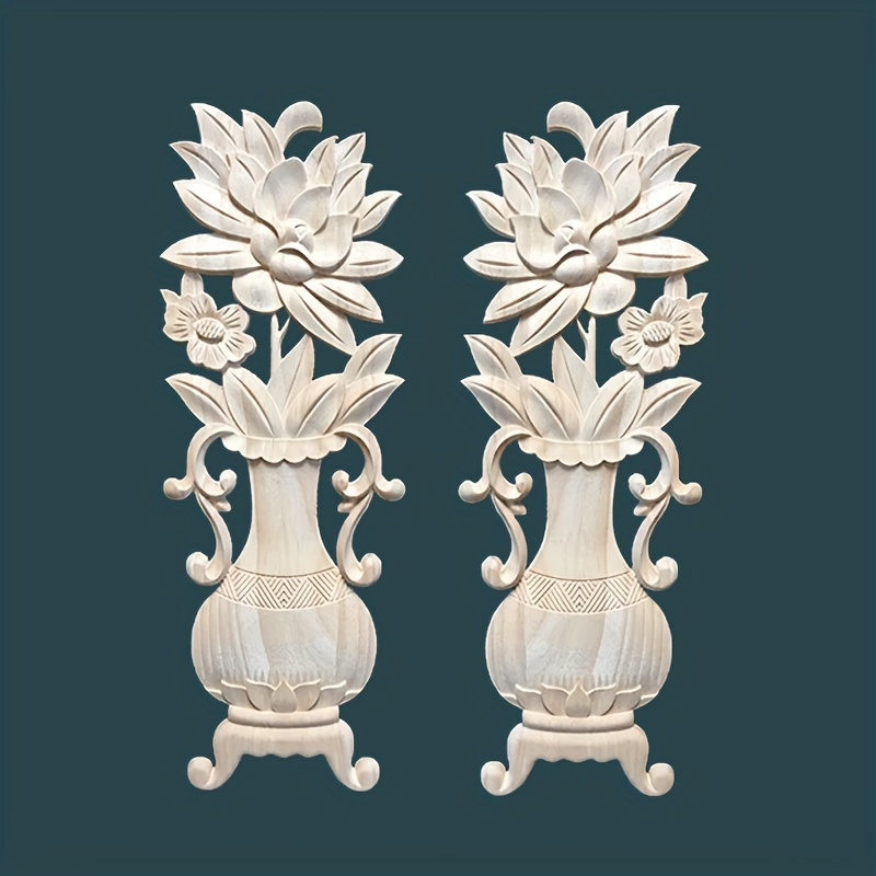 Image of 2pcs 32 X 12 Cm Unpainted Wooden 3d Vase Appliqués - Home Decor, Suitable For Doors, Furniture, And Cabinets