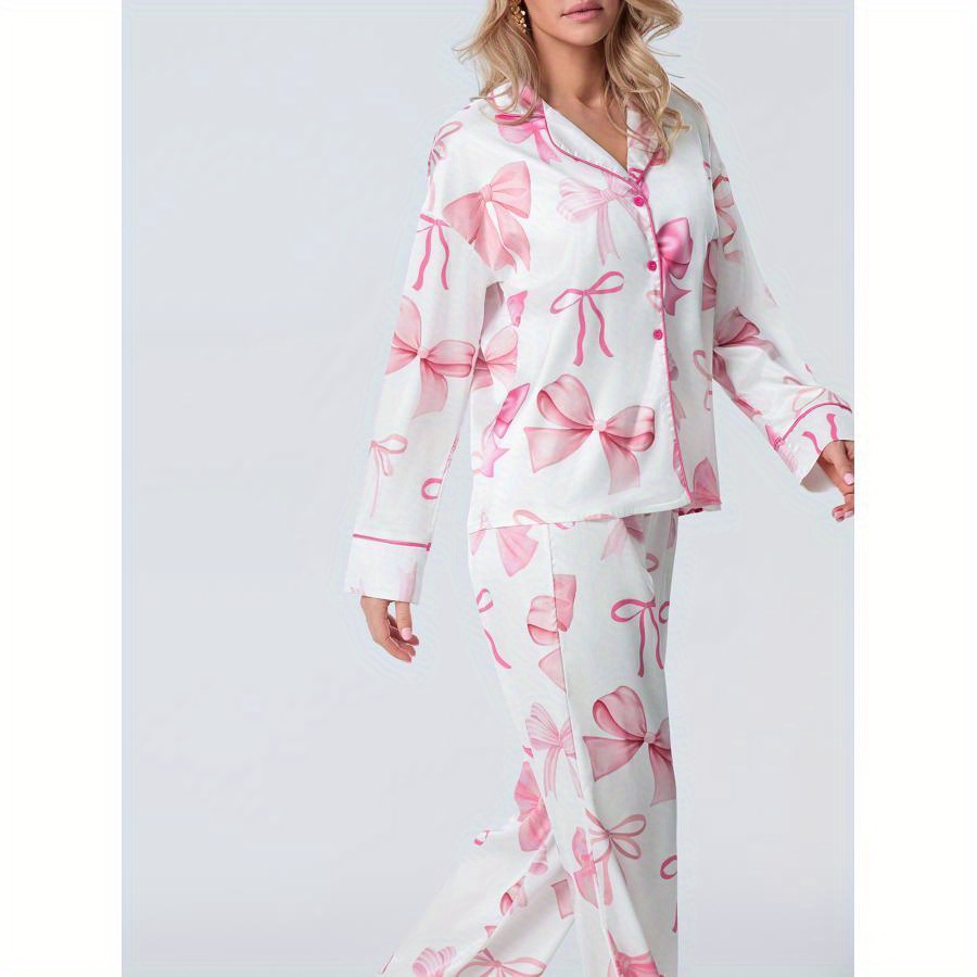 

Women's Fall Loungewear Set Bow Print Long Sleeve Lapel Button Shirt With Pants Satin Sleepwear