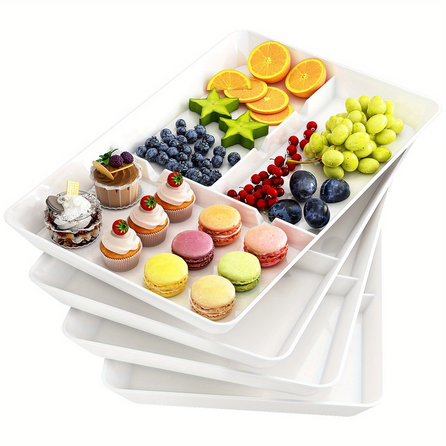 

3/ 4pcs Divided Serving Tray Platter Plastic - White Reusable Food Serving Trays For Buffet, Sandwich, Tea, Drink, Snack, Dinner - , Bar, And Restaurant Platters