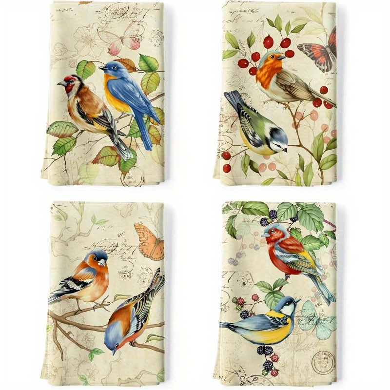 

Ensemble de 4 torchons de cuisine Vintage Bird - 18 x 26 pouces, style contemporain, % polyester, lavables en machine, torchons tissés super pour , , les produits de nettoyage