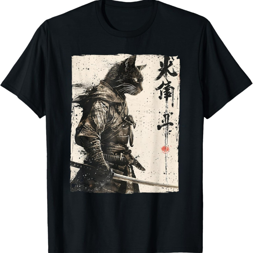 

Cat Warrior Graphic T-shirt - Black Cotton Tee For Men With Ink Artwork Design