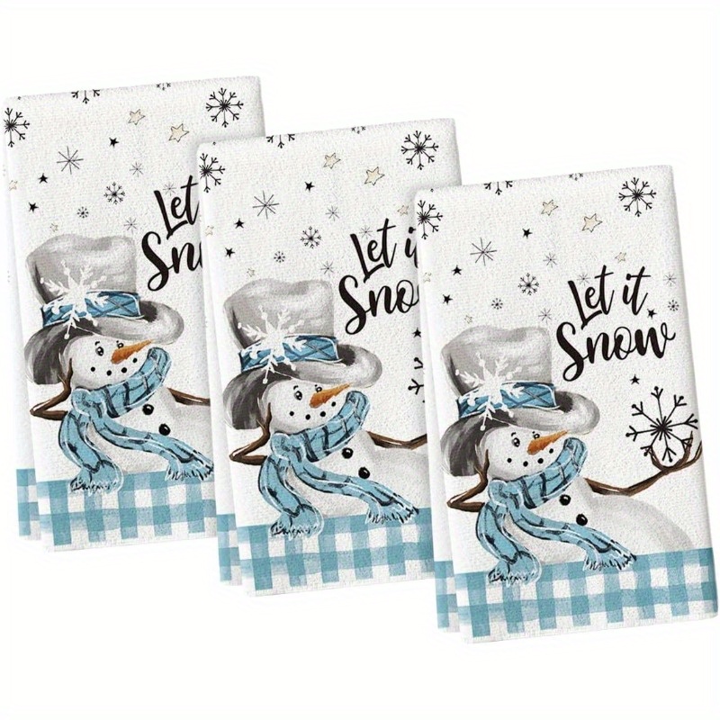 

3pcs Set Blue Snowman Winter Kitchen Towels - , Machine Washable Polyester Dish & Hand Towels For Christmas Decor