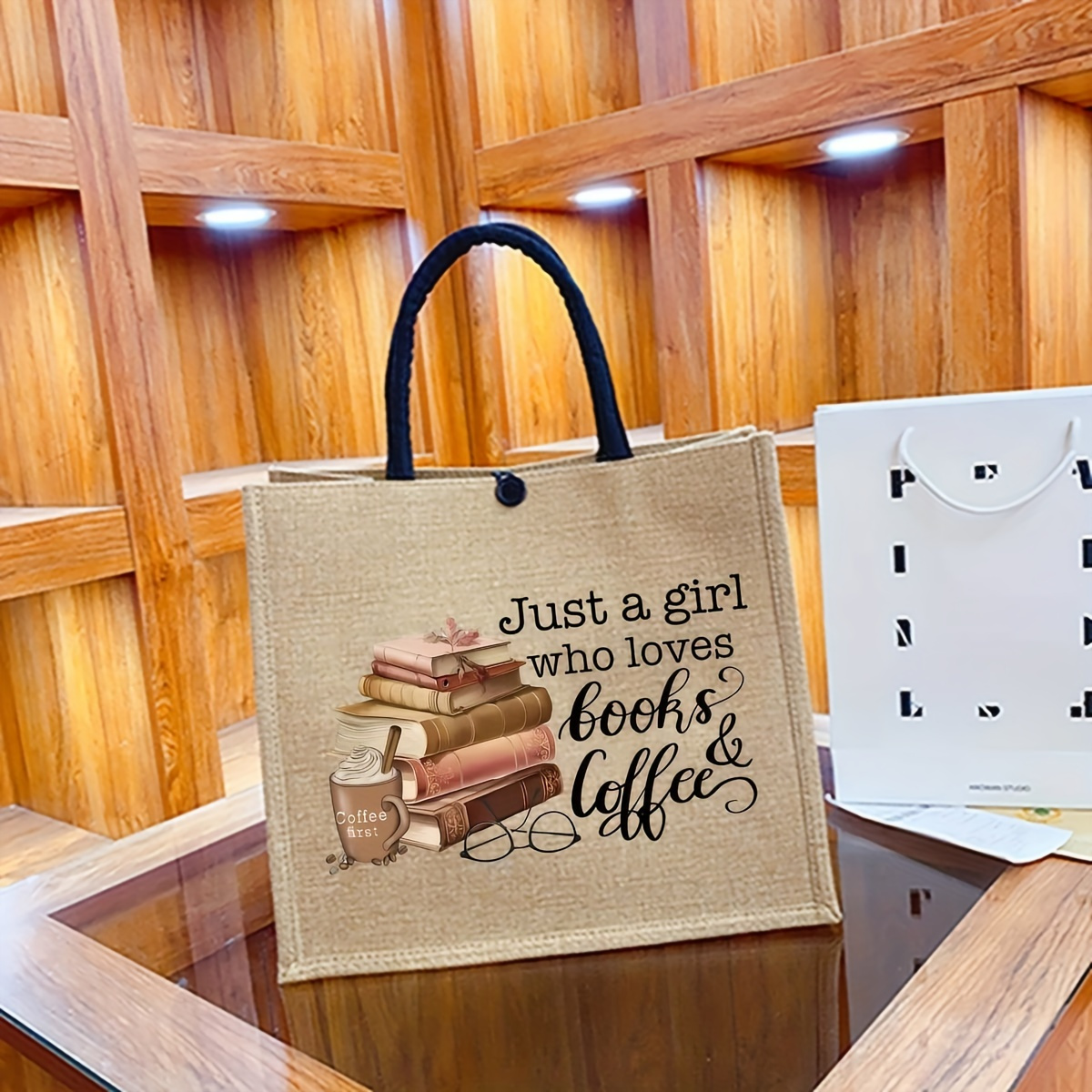 Trendy Books Patterned Beach Bag, Portable Burlap Tote Bag, Suitable For Shopping, Vacation, Daily Commuting