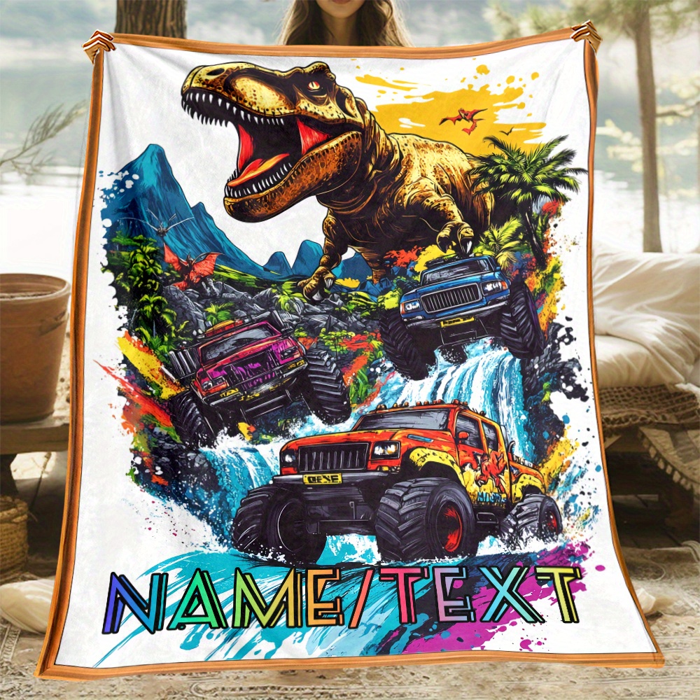 

Customized Name/text Dinosaur Truck Blanket - Lightweight Flannel Throw For Home, Office, Or Travel - Adult Novelty Party Gift - No Feathers - Polyester Material