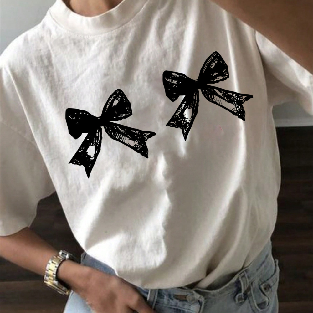 

Bow Print T-shirt, Short Sleeve Crew Neck Casual Top For Summer & Spring, Women's Clothing