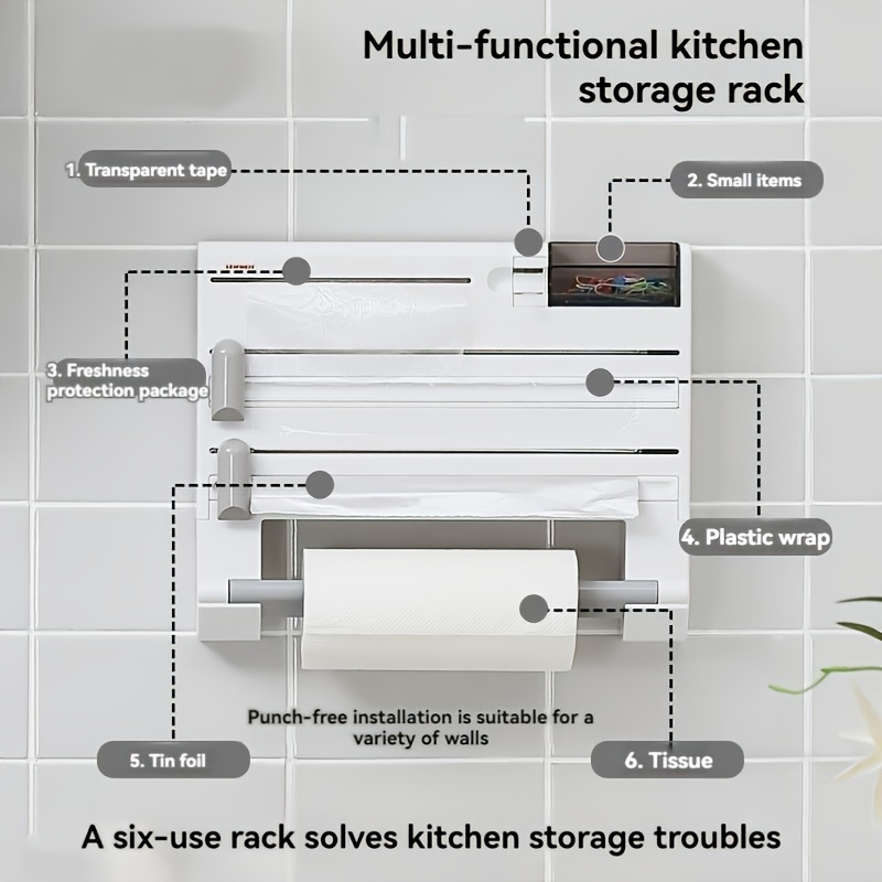 

1pc 6-in-1 Multifunctional -mounted Organizer For , Plastic , Film & Aluminum Dispenser, , -saving