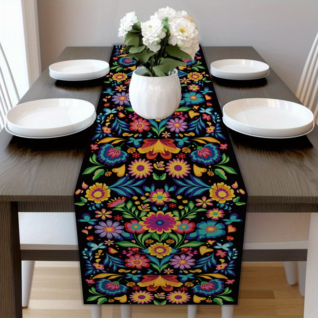 TEMU de table floral mexicain - 1 pièce en polyester tissé, 100 % polyester, décoration de table rectangulaire - Décoration de maison pour les fêtes,