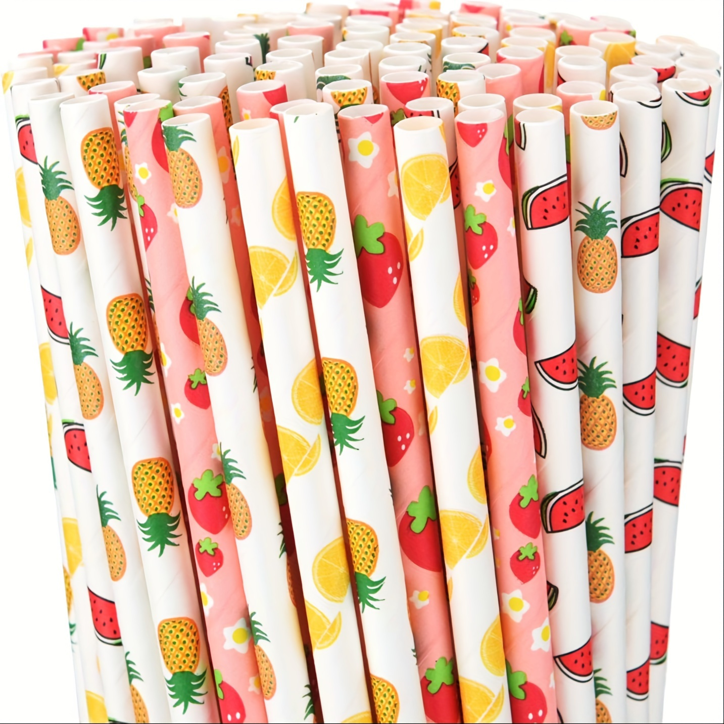 Image of 100pcs Pattern Straws, Random Style Delivery, Tropical Fruit And Other Patterns, Diameter 6mm, Length 197mm, Hawaiian Summer Party Straws