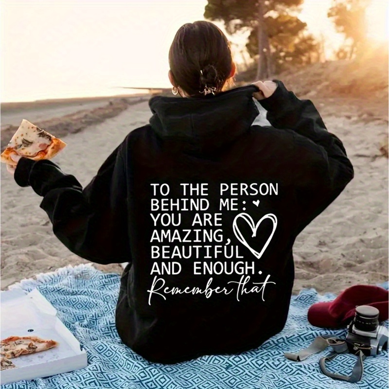 

Inspirational Quote Letter Print Hoodie - Casual Knit Polyester Hooded Sweatshirt, Geometric Alphabet Pattern, Drawstring Pullover For Women, Fall/winter Season