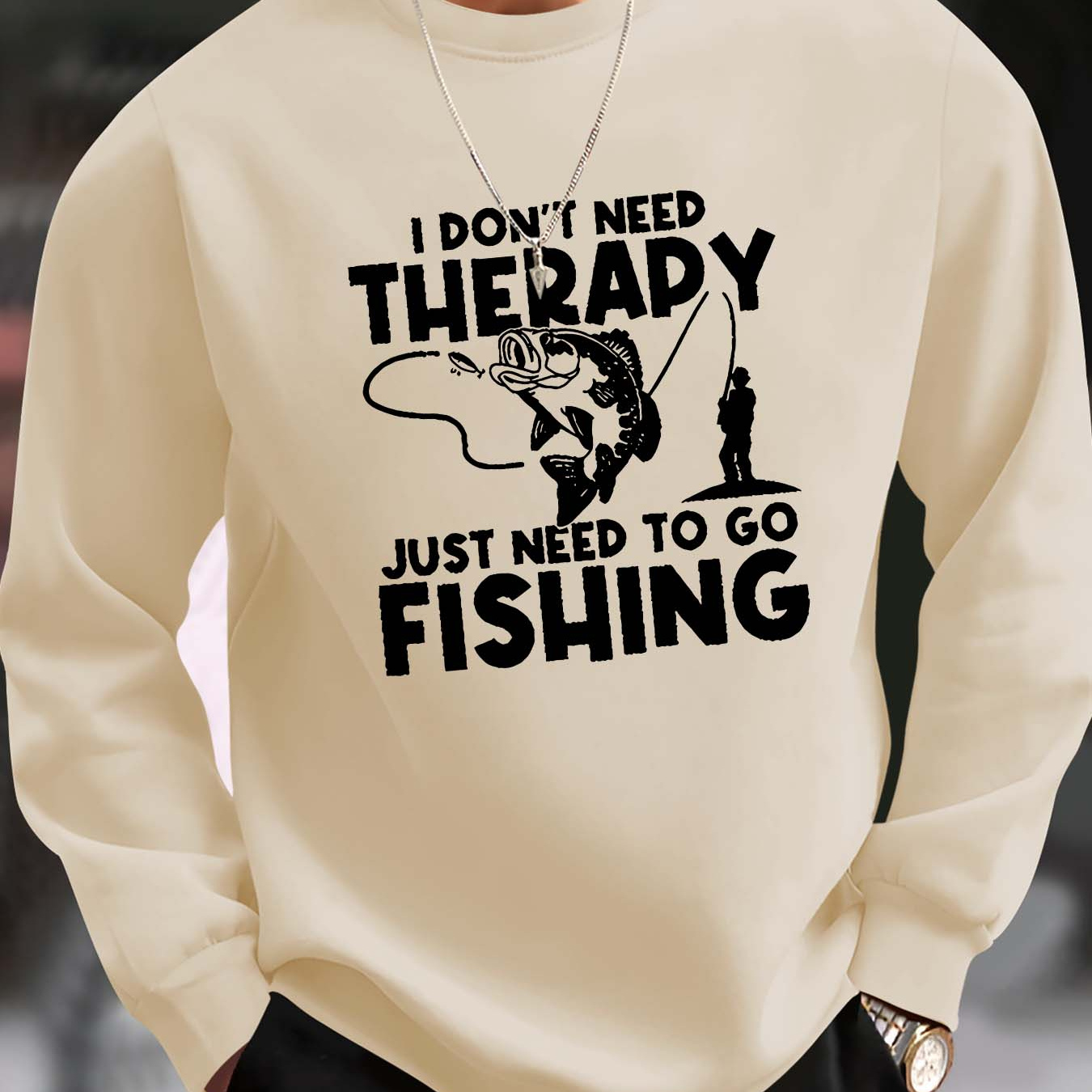 

Men's Casual Fishing Print Sweatshirt - Stretchy, Round Neck Pullover For Fall & Spring, Machine Washable