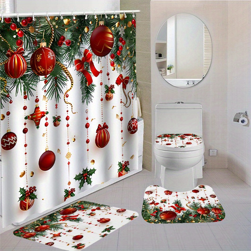 

Christmas Bathroom Decor Set, 1pc/4pcs Waterproof Bath Ensemble With Toilet Seat Cover, Non-slip Rug, And Mat, Polyester Woven Fabric, Water-resistant With 12 Hooks, Only - Bathroom Accessories