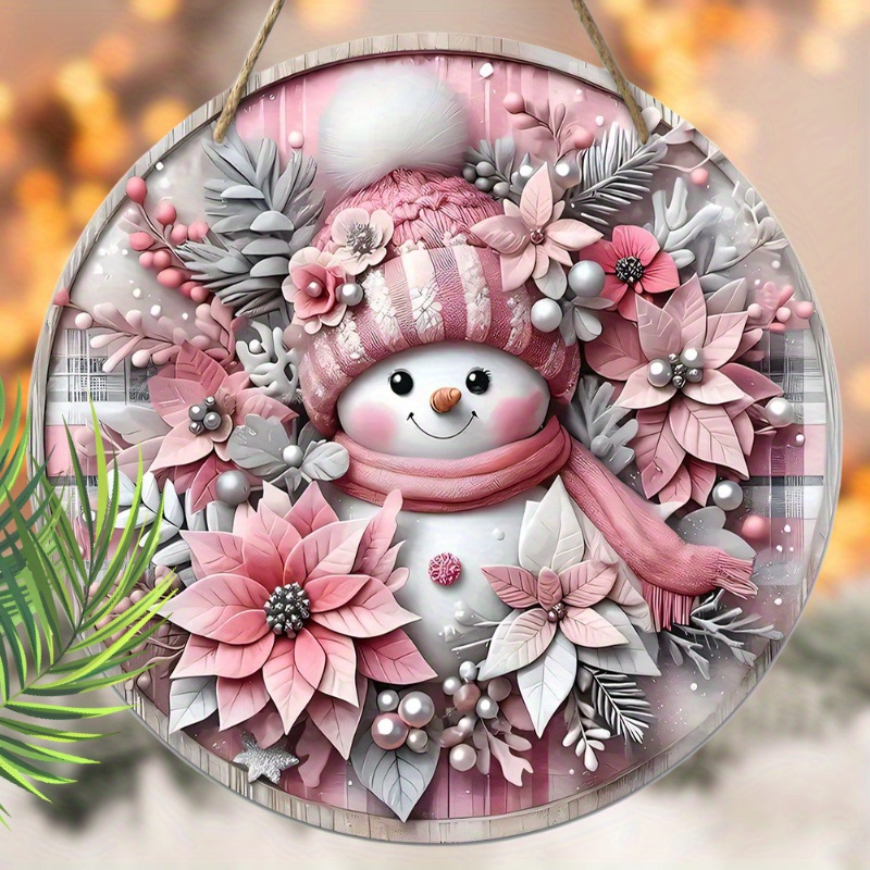 

Jit 1pc 2d Pink Snowman Winter Plaid Floral Wood Wall Hanging Wreath – Festive Snowman With Flowers Wooden Sign For Home, Garden, Festival, Party Supplies – No Electricity Needed