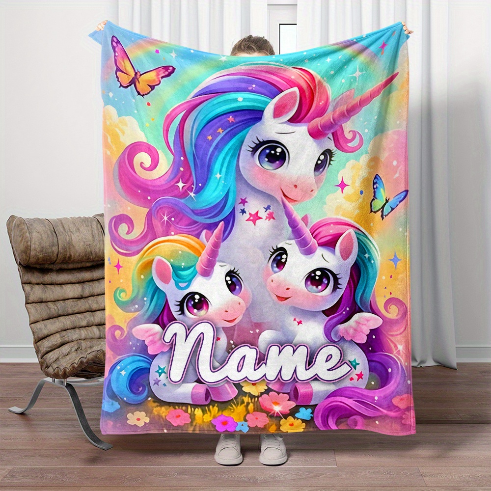 

Custom Name Unicorn Flannel Throw Blanket - Personalized Lightweight, Warm, Tear Resistant Fleece For Sofa, Bed, Travel, Living Room, Office - Knitted Polyester All Blanket