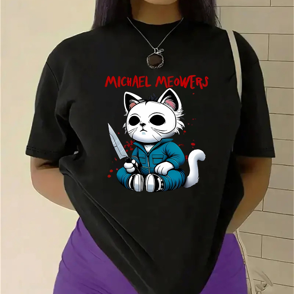 

Women's Casual Polyester Spandex T-shirt With Crew Neck And Medium Stretch, Knit Fabric Top With Michael Meowers Cartoon