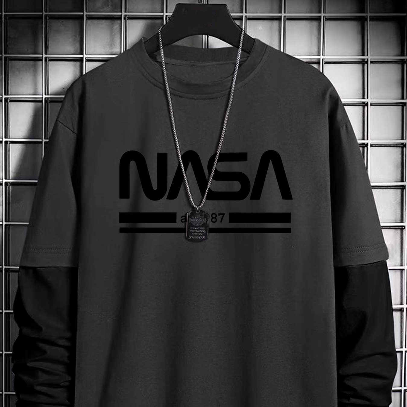 

Nasa Print Men's Casual Long Sleeve Crew Neck T-shirt,