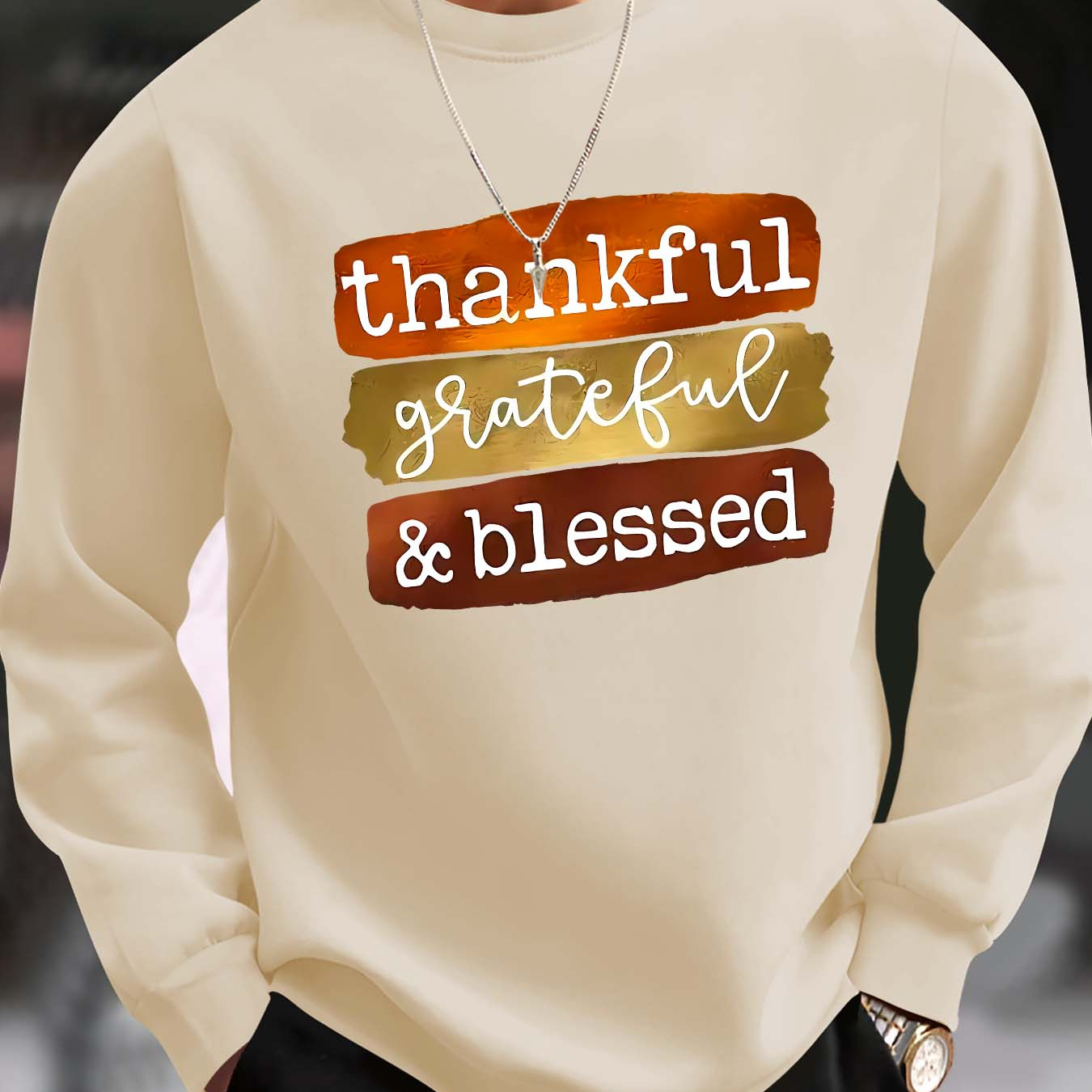 

Men's Casual Crew Neck Sweatshirt - Grateful & Blessed Print, Soft Knitted Fabric, Regular Fit, Machine Washable