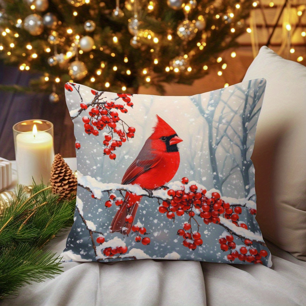 

1pc Bird & Red Berries Short Plush Cushion Cover - Contemporary Knit Fabric Cover With Zipper, Soft Sofa And Bed Decorative Case, Machine Washable, Festive Home Decor (no Insert)