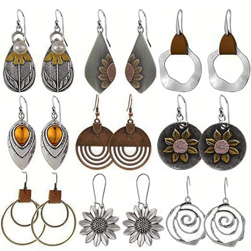 TEMU 12 Pairs Of Bohemian Retro Geometric Circular Earrings, Wooden Leather Earrings, Ethnic Style Retro Sunflower Earrings, Women's Party Earrings