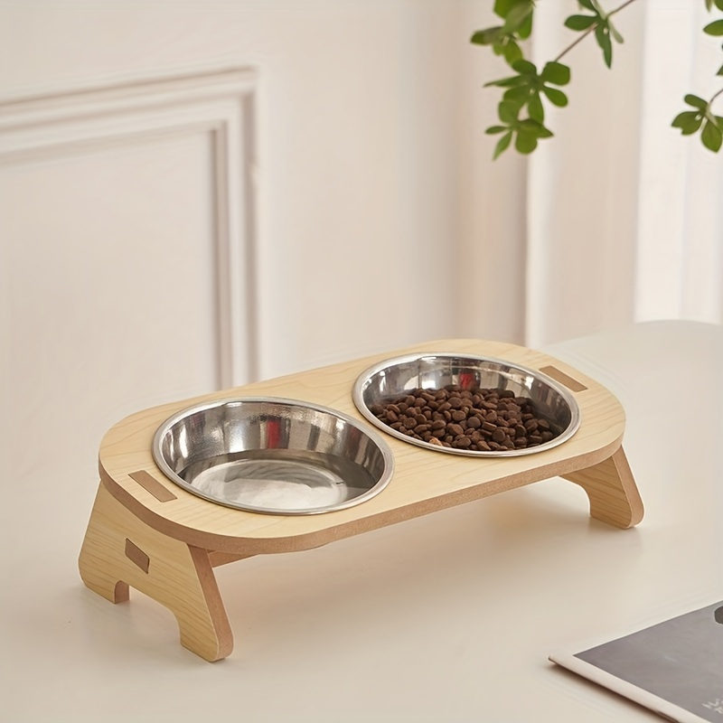 

1set Wooden Elevated Cat And Bowl Set, Cervical , Removable Steel , Feeding , Battery