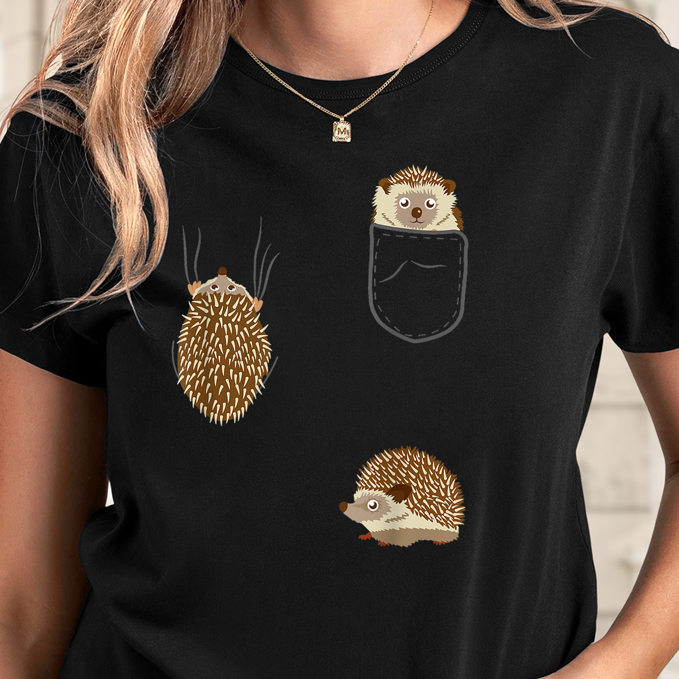 

Hedgehog Print Comfy T-shirt, Round Neck Short Sleeve Sports Tee, Women's Activewear