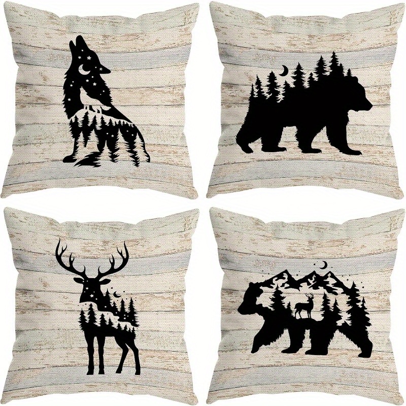 TEMU Ensemble de 4 housses de coussin vintage en lin - Tissu imprimé des bois : loup, , ours, cerf - Décoration de canapé - Housses de coussin de