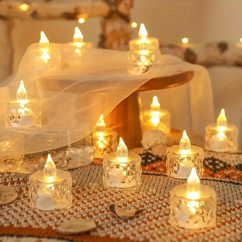 

24pcs Crystal Pattern Waterproof Outdoor Candle Light For Wedding Holiday Decoration, Birthday, Party, Family Candlelight Dinner Valentine's Day Birthday Bedroom Decoration Gifts