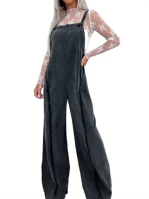1pc elegant off the shoulder denim overalls for women vintage washed trim square neck open back sleeveless wide leg jumpsuit jumpsuit sleeveless fashion polyester blend denim jumpsuit