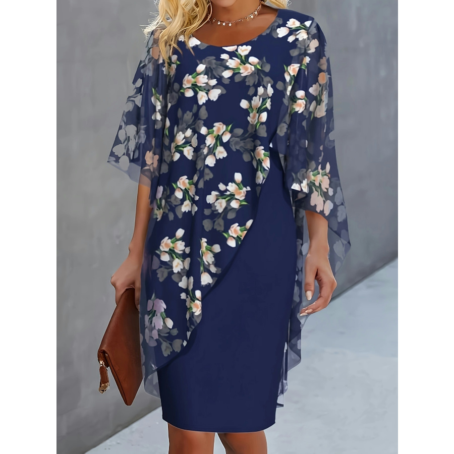 

Elegant Floral Asymmetrical Bodycon Dress - Spring/fall Crew Neck, Woven Polyester Adult Midi Dress With Panel