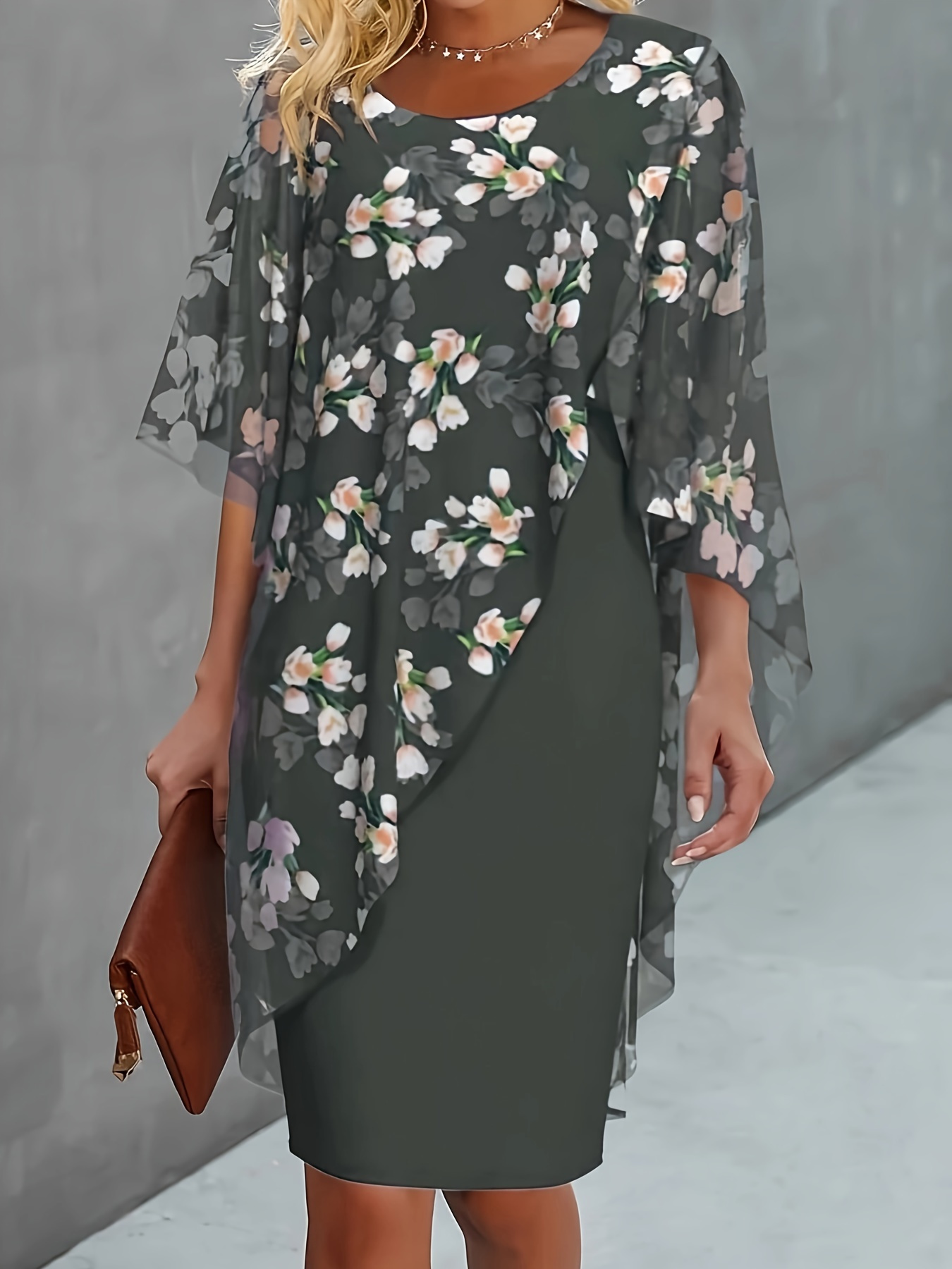 Women'S Elegant Floral Bodycon Dress, Polyester 100%, Asymmetrical  Detail, Crew Neck, Long Sleeve, Two-Piece Set for Spring/Fall 90gsm  180gsm