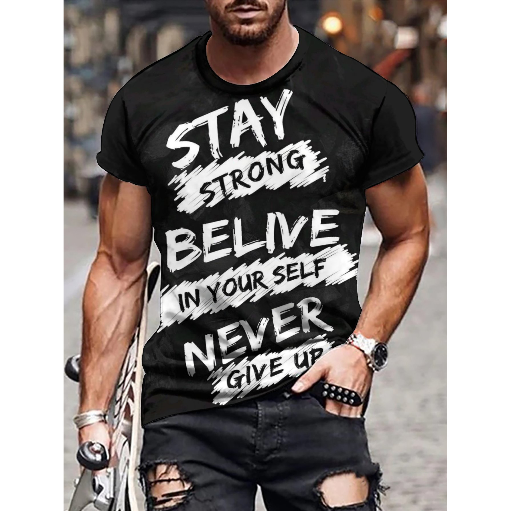 

Give Up" Men's Graphic Tee - 100% Cotton, Casual Short Sleeve T-shirt With Motivational " Give Up" Print, Black Streetwear For Summer