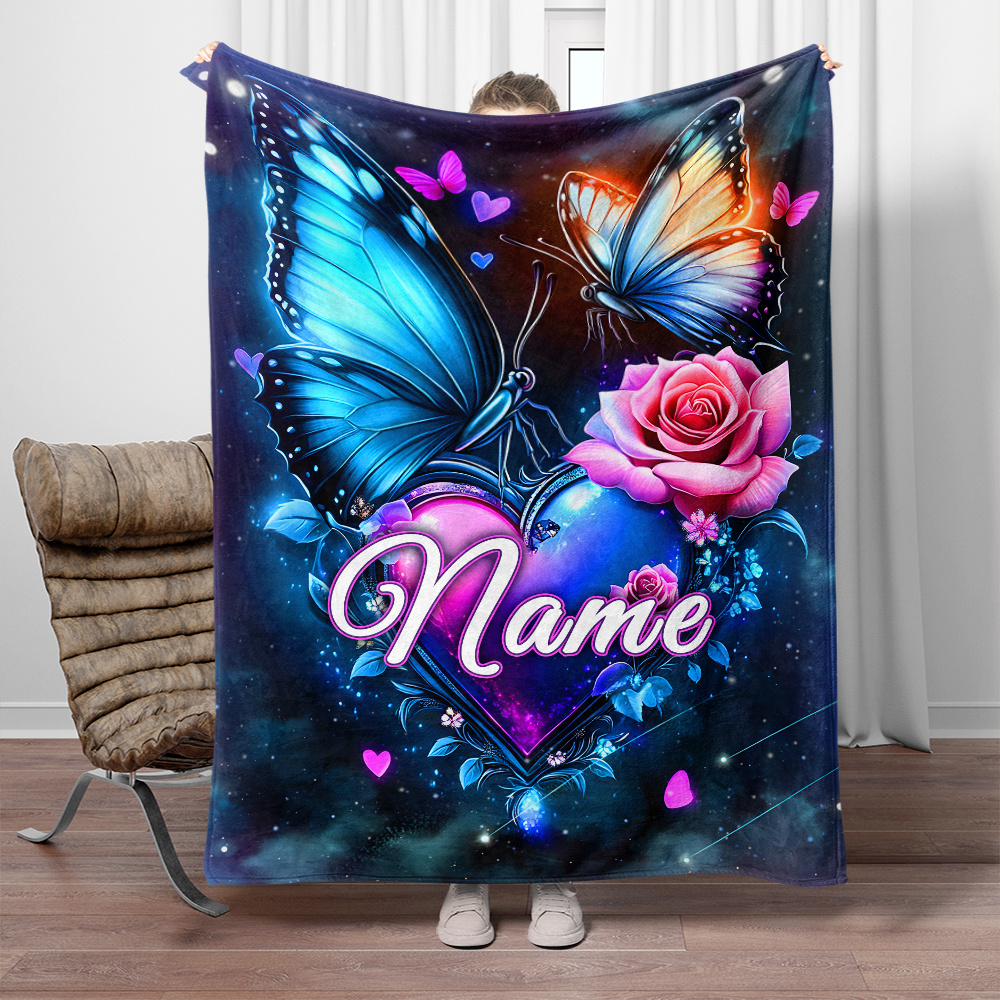 

Personalized Butterfly & Floral Flannel Throw Blanket - Soft, Warm, And Lightweight For Couch, Bed, Travel, Camping - Custom Name Option