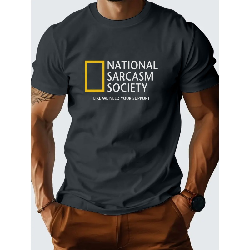 

National Sarcasm Crew Neck T-shirt - Polyester Knit Fabric With Medium Stretch, Printed Short Sleeve Tee For Men, Regular Fit, Parody Graphic Top For Summer & Events