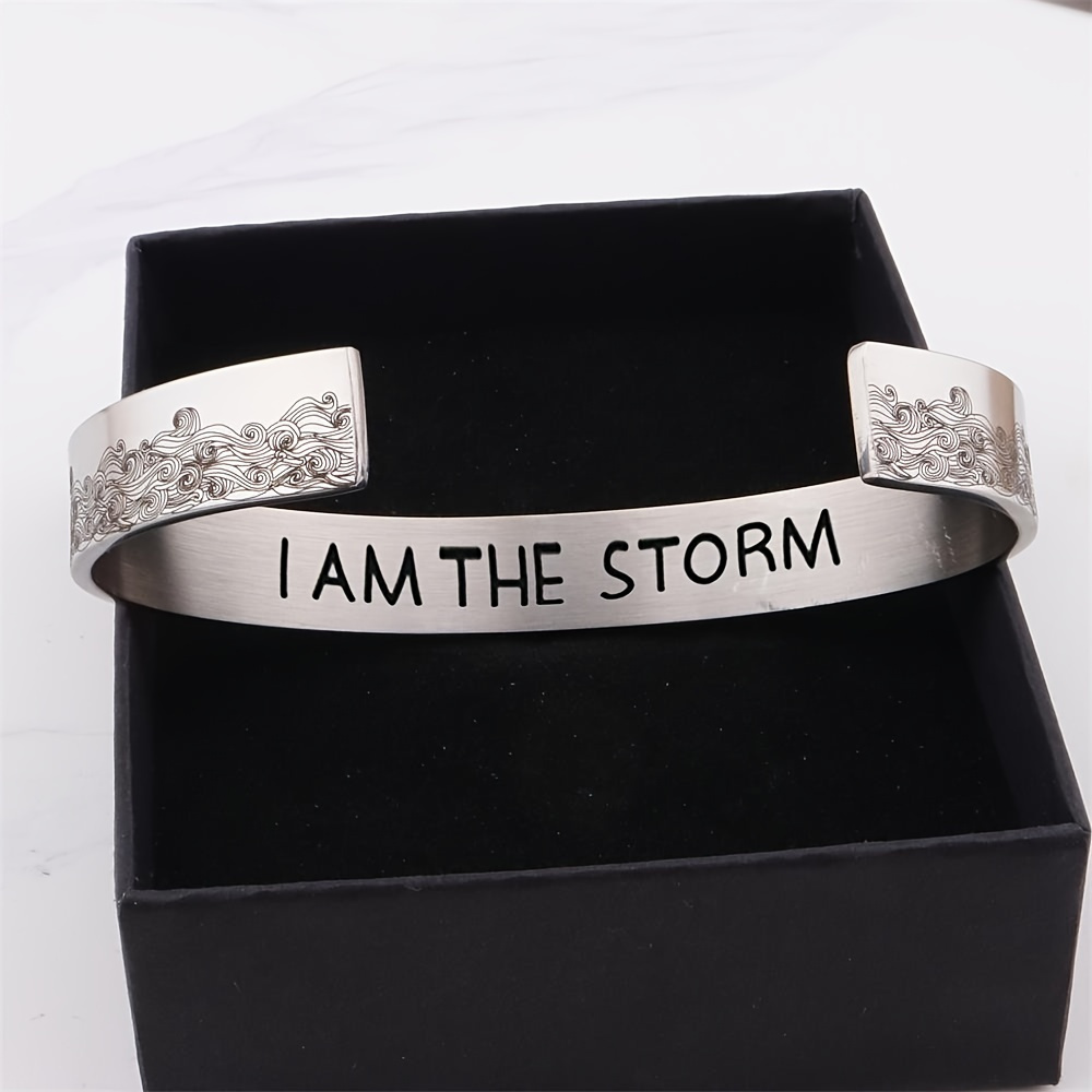 

1pc Silvery Wide Wave Pattern "i Am " Engraved Charactoristic Bracelet For Gifts