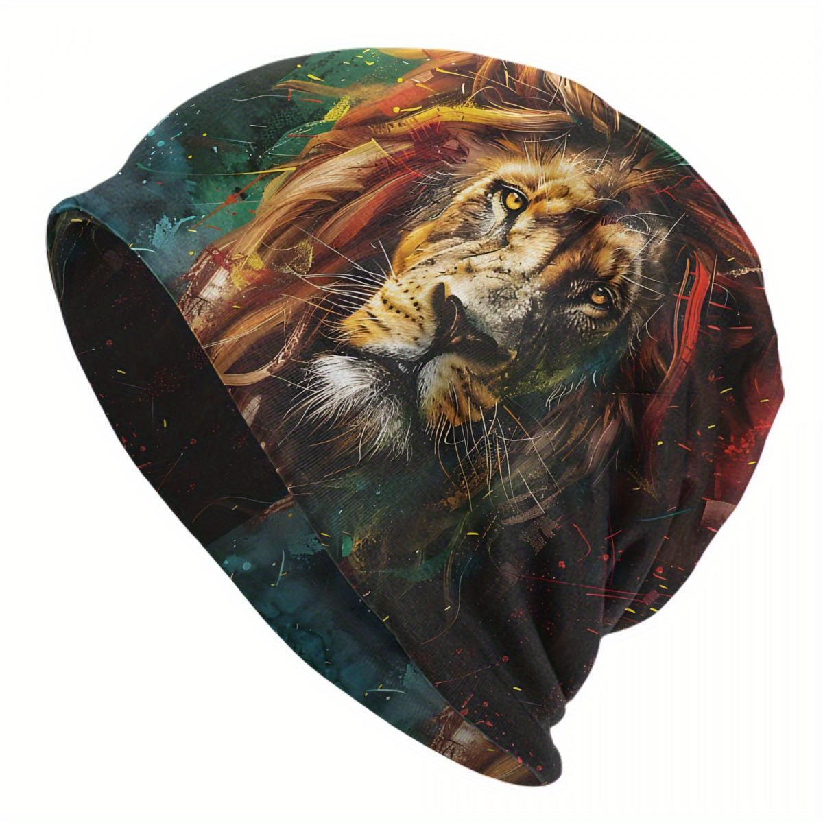 

Fashionable Knitted Beanie Cap With Vibrant Lion Print, Biihudu Brand, Stretchable Polyester , Unisex Knit Hat Without