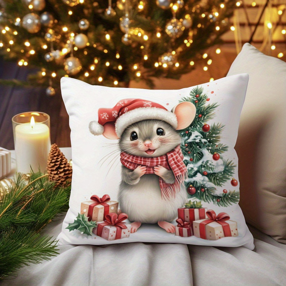 

Merry Christmas Cute Mouse & Tree Plush Throw Pillow Cover - Soft, Zippered Design For Sofa, Bed, Car Decor (pillow Not Included)