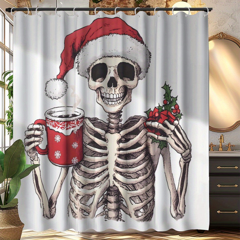 

Christmas Skeleton With Santa Hat Bath Decor, 1 Piece Woven Water-resistant Bathroom With 12 Hooks, Artistic Polyester Bathroom Accessory,