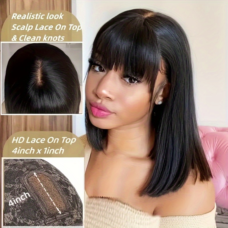 TEMU Glueless Brazilian Human Hair Wig - Short Bob With Bangs, 4x1 Hd Lace Front, 180% Density Straight Put Wig For Women Suitable For & Daily Wear