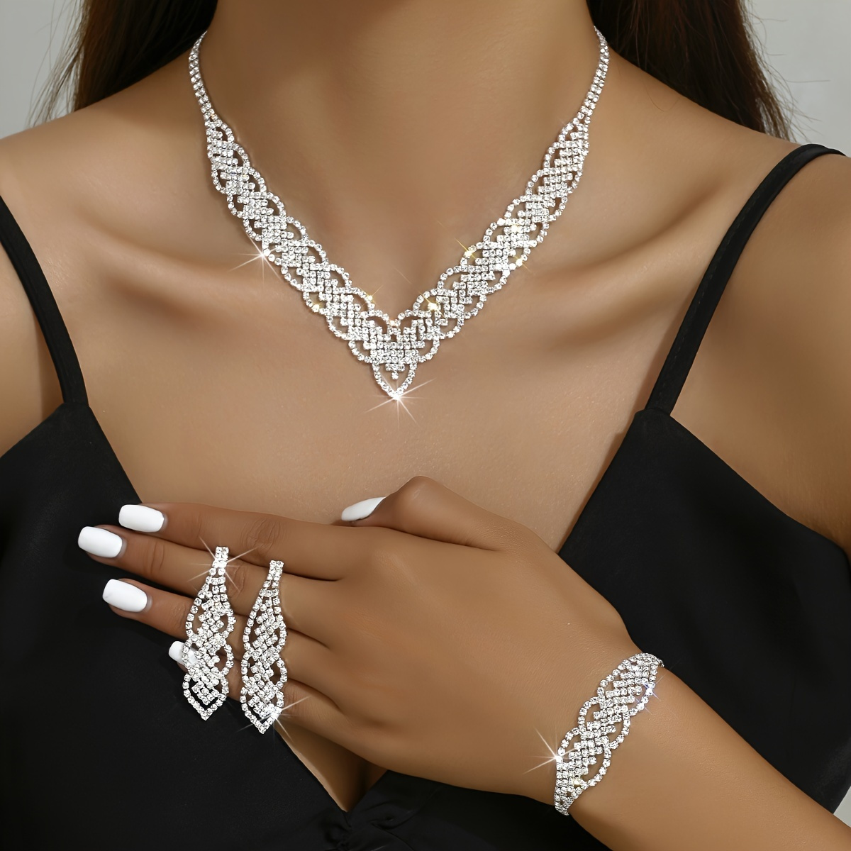 

4pcs Earrings+necklace+bracelet, Elegant Jewelry Set, Silver Plated With Inlaid Crystals, With Daily Clothing Or Party Accessories