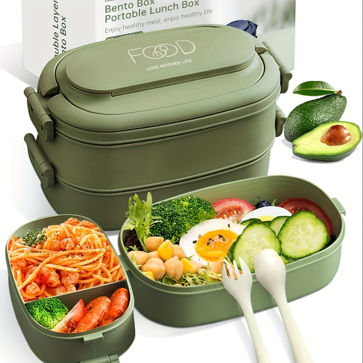 Image of Adult Lunch Box: Stackable Lunch Container With Utensils, Leak-proof Portable Lunch Box With Compartments, 1550ml Microwave-safe Lunch Box For Work And Outdoor Use