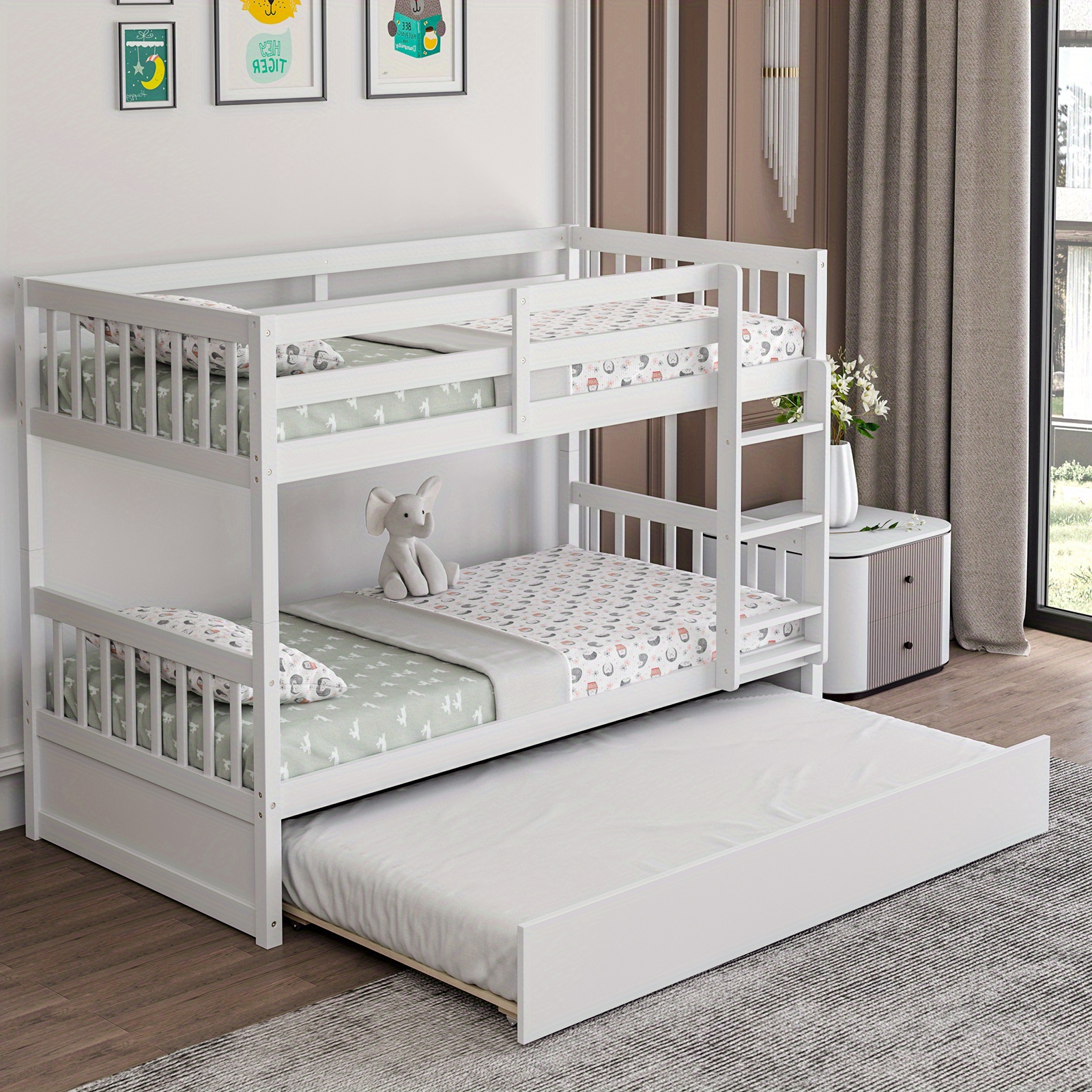 TEMU Maxmass Twin Over Twin Bunk Bed With Trundle, Convertible Platform Bed Frame With Ladder, Solid Wood Frame & Safety High