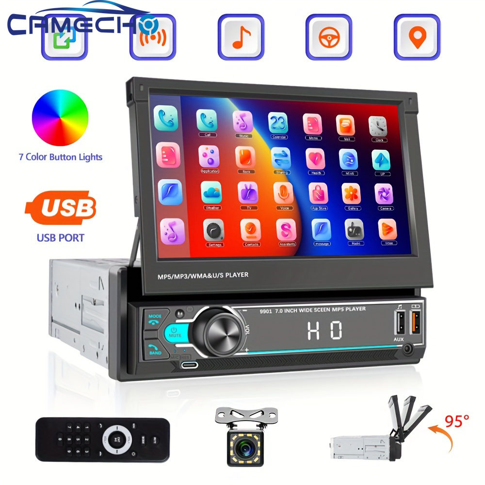 

Camecho Car Stereo Single Din Flip Out Touchscreen, 7 Inch Car Din With Wireless Fm Radio For Phone Support Tf/ Usb + Rear View Camera