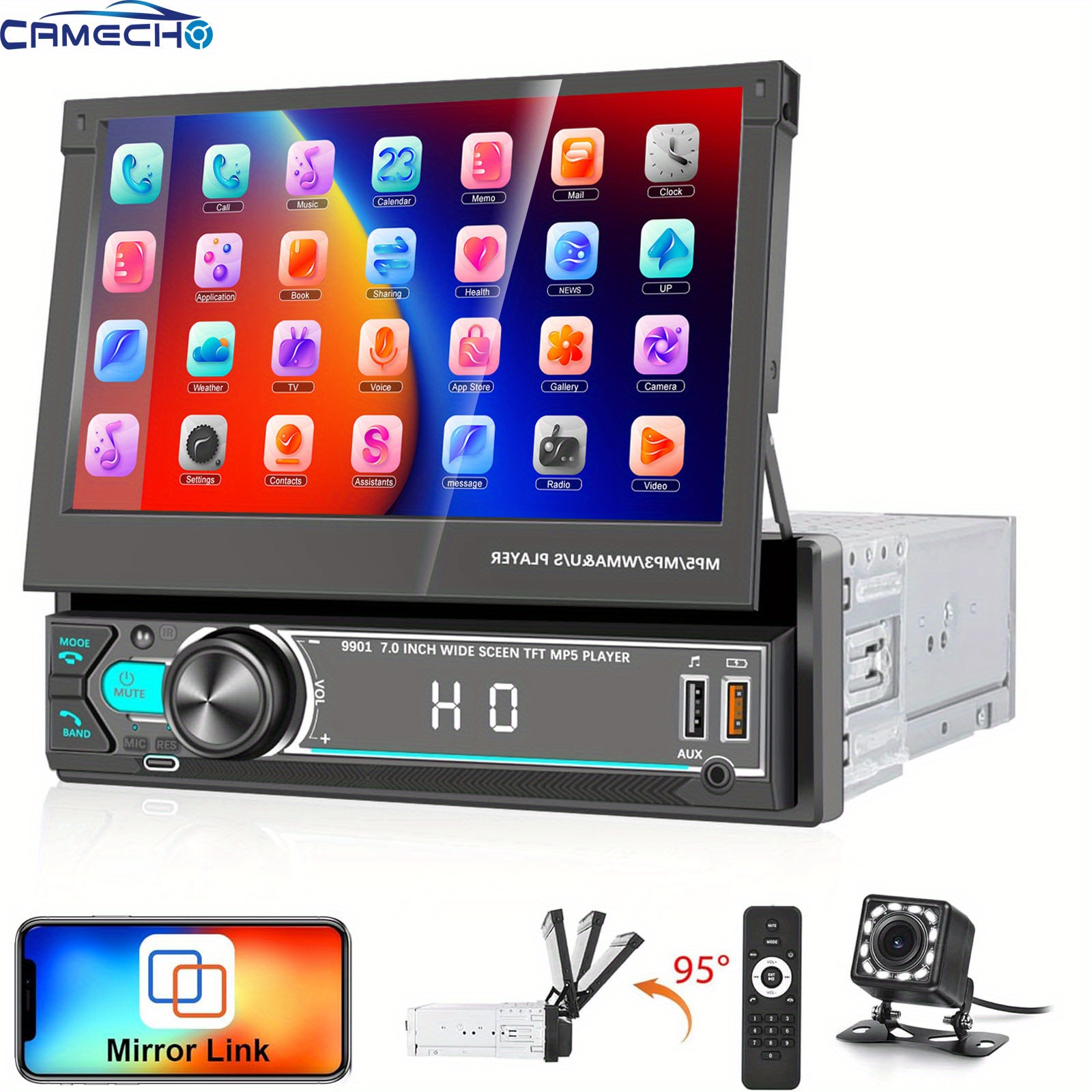 

Camecho Car Stereo Single Din Flip Out Touchscreen, 7 Inch Car Din With Wireless Fm Radio For Phone Support Tf/ Usb + Rear View Camera Christmas Gifts Black Friday Gifts