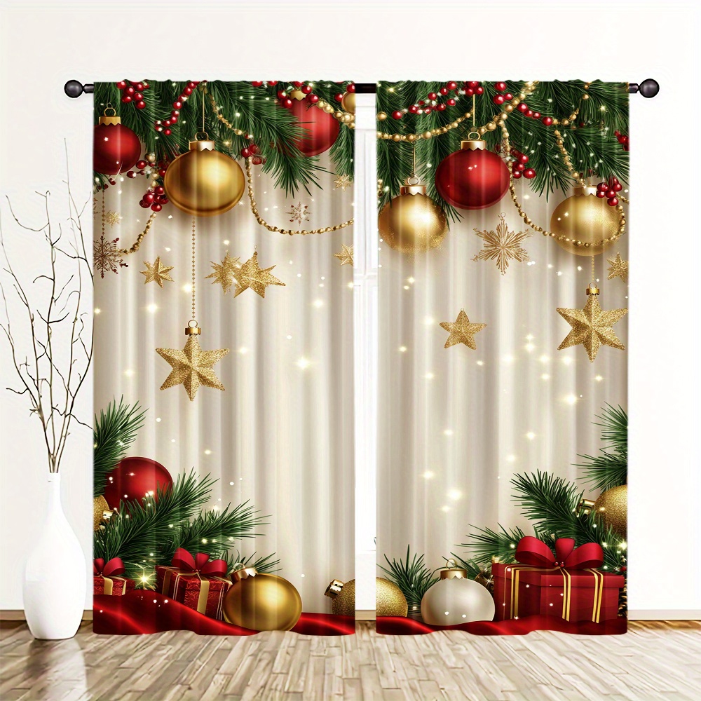 

Set Of 2 Golden Christmas Pattern Curtains, Rod , Polyester Window Draperies For Living Decor, Holiday Design, Suitable For Teens & Adults (rod Not Included)