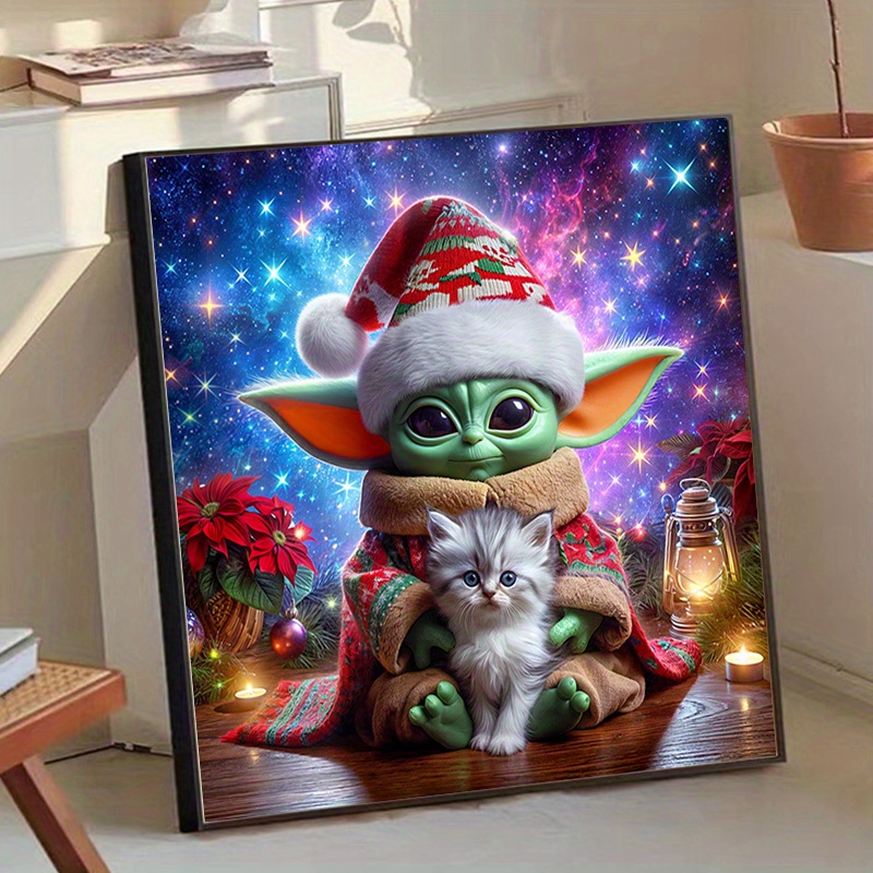 * 5D DIY Precious * Kit - Premium Velvet Canvas, Large Size with * AB &amp; Round Diamonds, Yoda Cat * Hat Floral