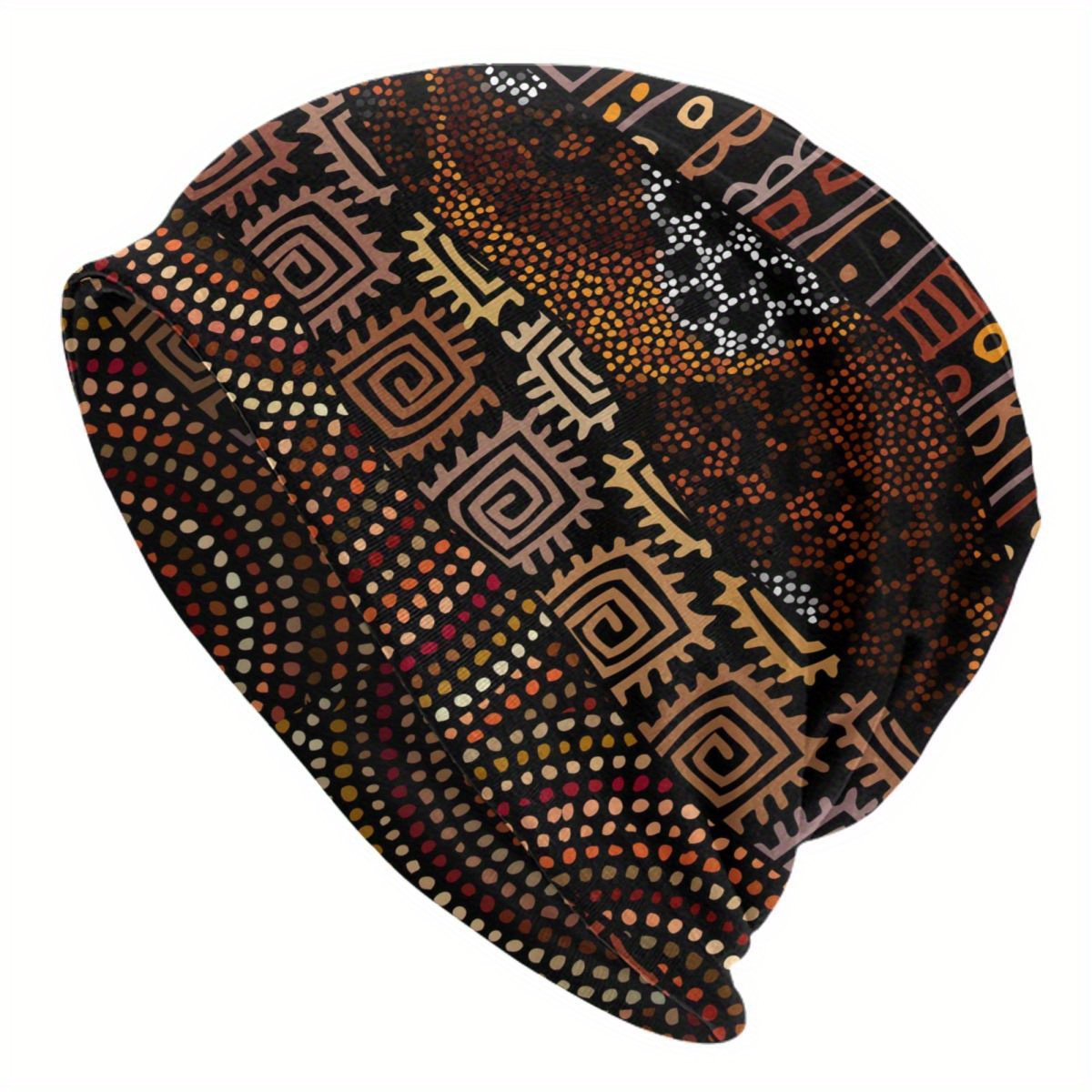 

African Tribal Pattern Beanie Hat For Men, Stretch Knit Cap Without , Hip-hop Style Headwear, Autumn And Spring Hat With Funky Knitting, Polyester And Elastane