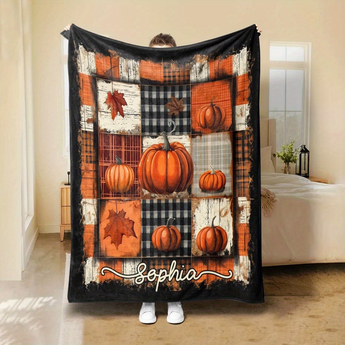 

Custom Name Vintage Autumn Pumpkin Blanket - Plush, Hd , & Warm Throw For All - Office, Bed, Sofa, Dorm Decor | Machine Washable