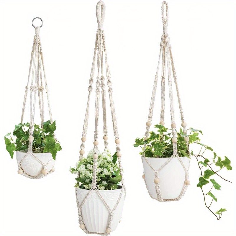 

Chic Macrame Plant Hangers, Indoor & Outdoor Use, Assorted Sizes, Hanging Planter Baskets With Beads, No Tassels, For Flower Pots, Wall Mounted Plant Holders, Bohemian Style