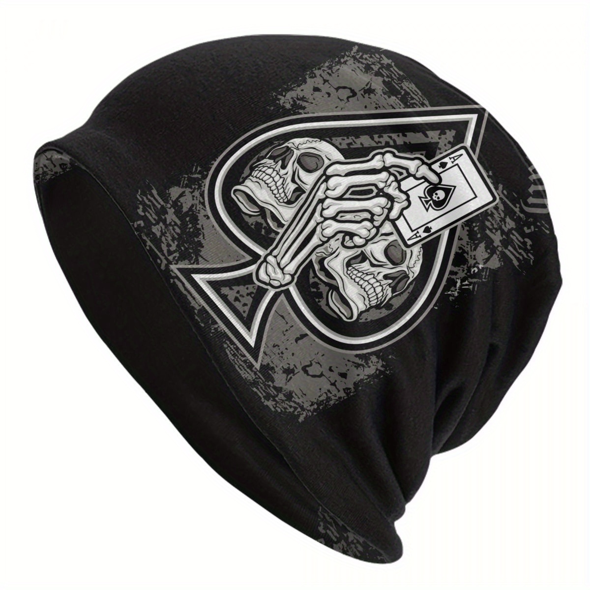 

Gothic Skull Ace Print Beanie Cap - Polyester Knit No-brim Hat For Men, Punk Hip Hop Headwear With Design For Fall And Spring