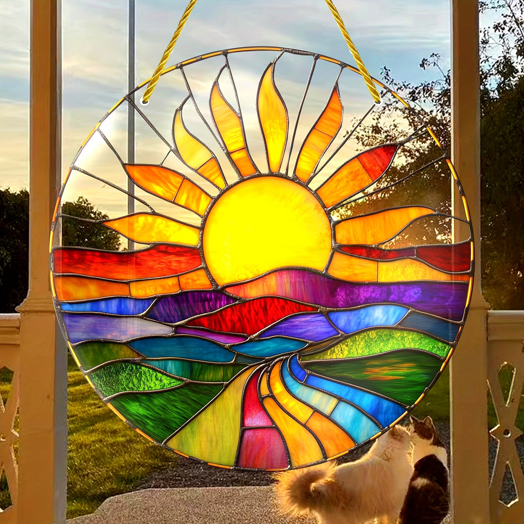 

Vibrant Stained Glass Suncatcher - Unique Handcrafted Home Decor For Window, Porch, Bedroom, Office - Ideal Birthday Gift , , Sun And Landscape Theme Suncatcher