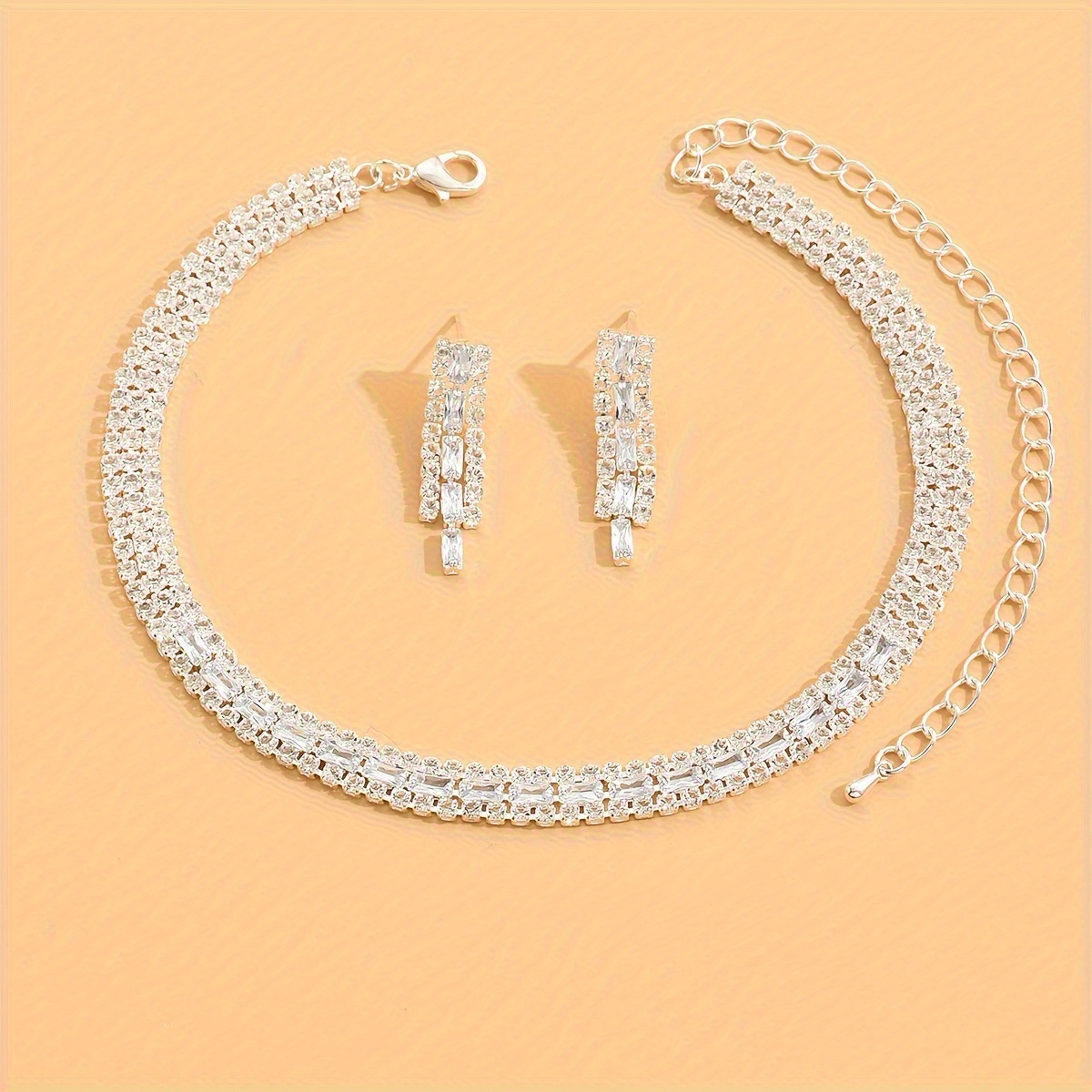 TEMU A Set Of 3 Earrings + Necklace Fashion Jewelry With Silver Plating, Covered In Sparkling Zirconia, Matching Daily Outfits And Party Accessories.